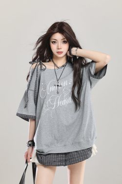 American Retro Embroidered Off-Shoulder Short Sleeve T-Shirt for Women, Summer 2025 Loose Faux Two-Piece Shoulder-Baring Top