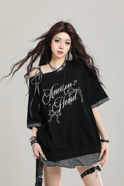 American Retro Embroidered Off-Shoulder Short Sleeve T-Shirt for Women, Summer 2025 Loose Faux Two-Piece Shoulder-Baring Top