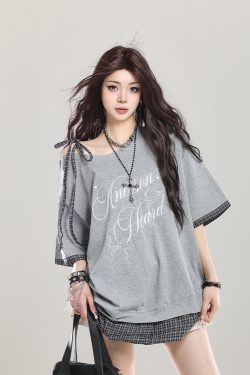 American Retro Embroidered Off-Shoulder Short Sleeve T-Shirt for Women, Summer 2025 Loose Faux Two-Piece Shoulder-Baring Top