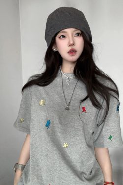 American Retro Embroidered Puzzle Graphic Short Sleeve T-Shirt for Women - Trendy Summer Couple Top, High-End Fashion