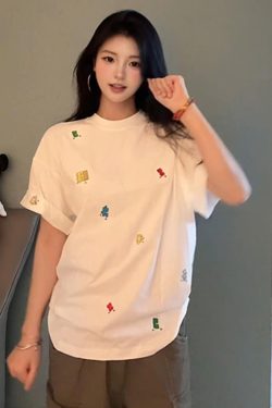 American Retro Embroidered Puzzle Graphic Short Sleeve T-Shirt for Women - Trendy Summer Couple Top, High-End Fashion