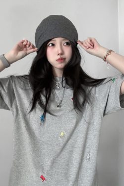 American Retro Embroidered Puzzle Graphic Short Sleeve T-Shirt for Women - Trendy Summer Couple Top, High-End Fashion