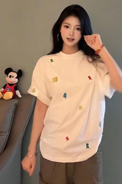American Retro Embroidered Puzzle Graphic Short Sleeve T-Shirt for Women - Trendy Summer Couple Top, High-End Fashion