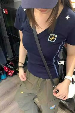 American Retro Embroidered V-Neck Short Sleeve T-Shirt for Women - Summer 2025 Slim Fit Cropped Top, Sexy Y2K Style