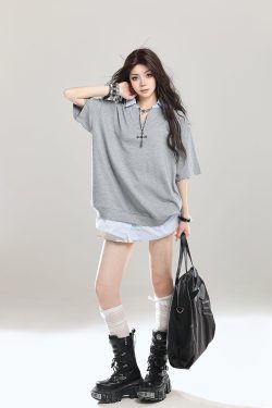 American Retro Fake Two-Piece Lapel Polo Shirt Short Sleeve T-Shirt for Girls - Summer Loose Fit 2025 Vintage Style Top