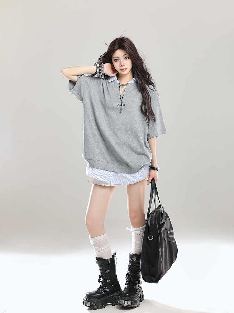 American Retro Fake Two-Piece Lapel Polo Shirt Short Sleeve T-Shirt for Girls - Summer Loose Fit 2025 Vintage Style Top American Retro Fake Two-Piece Lapel Polo Shirt Short Sleeve T-Shirt for Girls - Summer Loose Fit 2025 Vintage Style Top