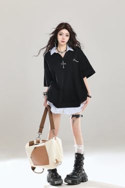 American Retro Fake Two-Piece Lapel Polo Shirt Short Sleeve T-Shirt for Girls - Summer Loose Fit 2025 Vintage Style Top
