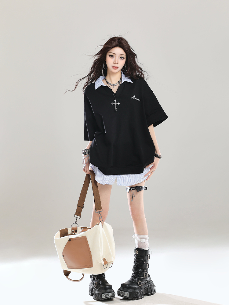 American Retro Fake Two-Piece Lapel Polo Shirt Short Sleeve T-Shirt for Girls - Summer Loose Fit 2025 Vintage Style Top American Retro Fake Two-Piece Lapel Polo Shirt Short Sleeve T-Shirt for Girls - Summer Loose Fit 2025 Vintage Style Top