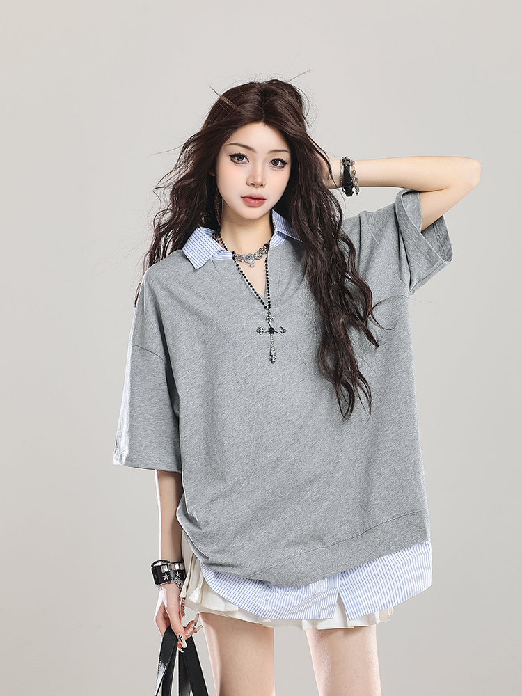 American Retro Fake Two-Piece Lapel Polo Shirt Short Sleeve T-Shirt for Girls - Summer Loose Fit 2025 Vintage Style Top American Retro Fake Two-Piece Lapel Polo Shirt Short Sleeve T-Shirt for Girls - Summer Loose Fit 2025 Vintage Style Top