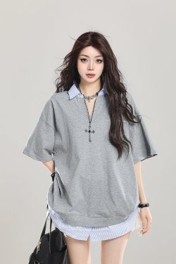 American Retro Fake Two-Piece Lapel Polo Shirt Short Sleeve T-Shirt for Girls - Summer Loose Fit 2025 Vintage Style Top