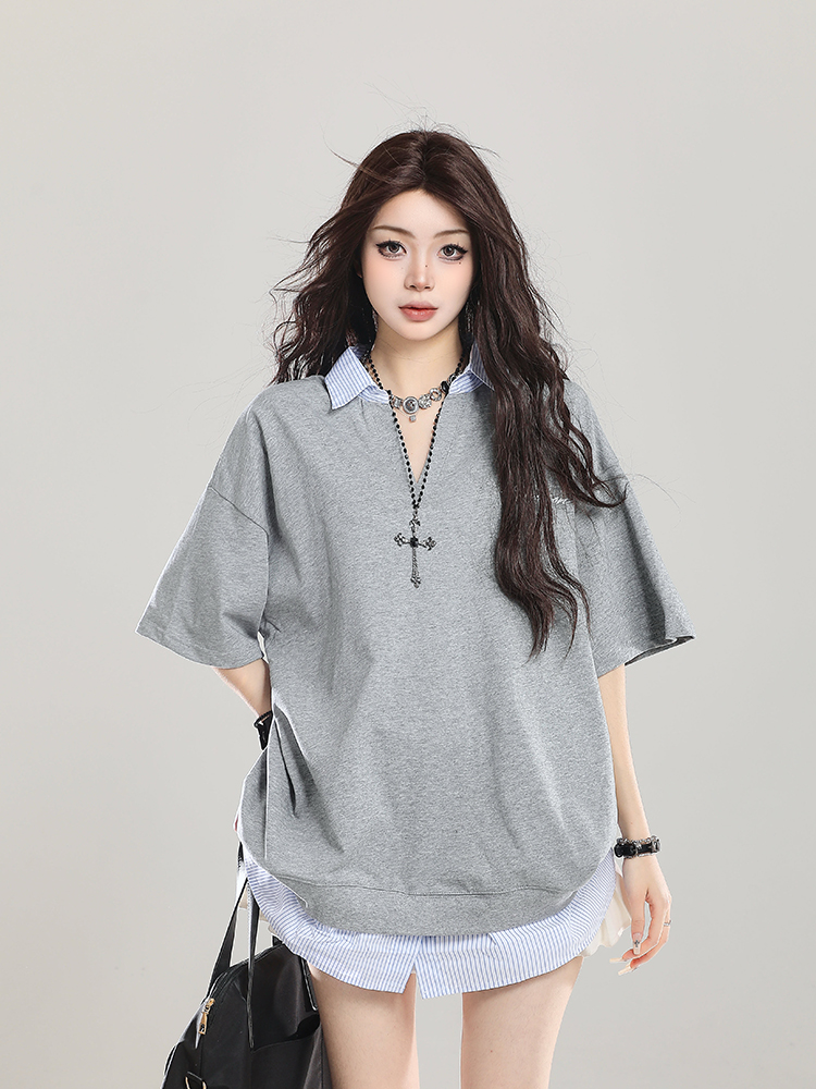 American Retro Fake Two-Piece Lapel Polo Shirt Short Sleeve T-Shirt for Girls - Summer Loose Fit 2025 Vintage Style Top American Retro Fake Two-Piece Lapel Polo Shirt Short Sleeve T-Shirt for Girls - Summer Loose Fit 2025 Vintage Style Top