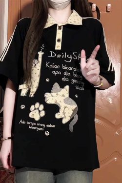 American Retro Floral Embroidered Cat Patchwork Polo Collar Short Sleeve T-Shirt for Women - Summer Y2K Style for Juniors