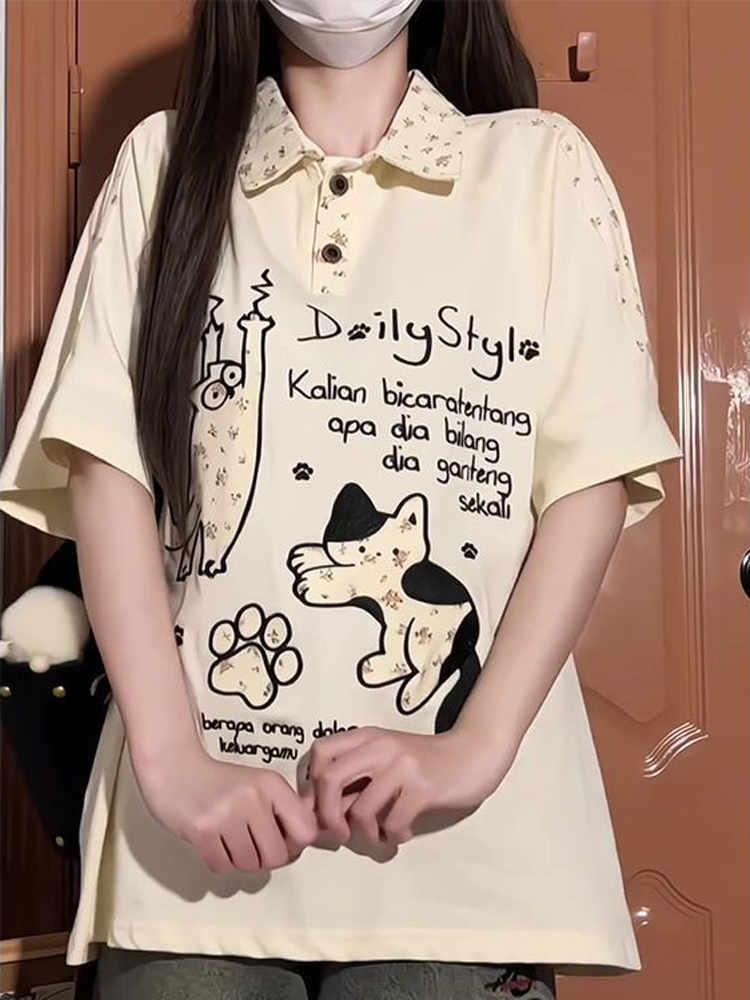 American Retro Floral Embroidered Cat Patchwork Polo Collar Short Sleeve T-Shirt for Women - Summer Y2K Style for Juniors American Retro Floral Embroidered Cat Patchwork Polo Collar Short Sleeve T-Shirt for Women - Summer Y2K Style for Juniors