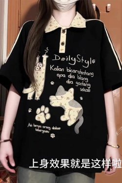American Retro Floral Embroidered Cat Patchwork Polo Collar Short Sleeve T-Shirt for Women - Summer Y2K Style for Juniors