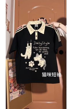 American Retro Floral Embroidered Cat Patchwork Polo Collar Short Sleeve T-Shirt for Women - Summer Y2K Style for Juniors