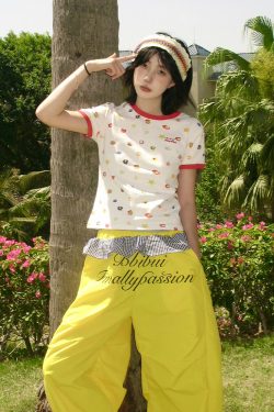 American Retro Fruit Print Color-Block Short Sleeve T-Shirt for Women - Slim Fit Round Neck College Style Summer Top