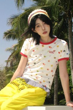 American Retro Fruit Print Color-Block Short Sleeve T-Shirt for Women - Slim Fit Round Neck College Style Summer Top