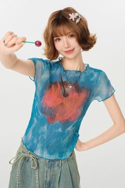 American Retro Gradient Print Short Sleeve T-Shirt for Women - Spicy Girl Waist-Cinching Slim Fit Summer Top