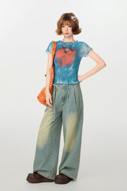 American Retro Gradient Print Short Sleeve T-Shirt for Women - Spicy Girl Waist-Cinching Slim Fit Summer Top