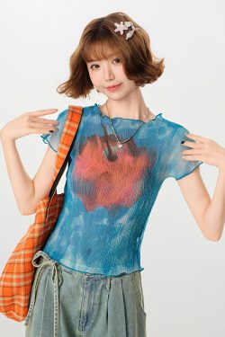 American Retro Gradient Print Short Sleeve T-Shirt for Women - Spicy Girl Waist-Cinching Slim Fit Summer Top