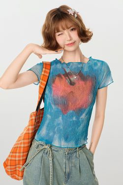 American Retro Gradient Print Short Sleeve T-Shirt for Women - Spicy Girl Waist-Cinching Slim Fit Summer Top
