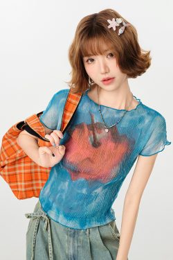 American Retro Gradient Print Short Sleeve T-Shirt for Women - Spicy Girl Waist-Cinching Slim Fit Summer Top