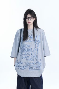 American Retro Graffiti Oversized Short Sleeve T-Shirt for Women - "Sit and Eat Until the Mountains Are Empty" Trendy Casual Style