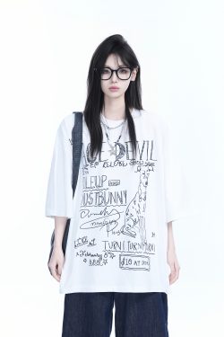 American Retro Graffiti Oversized Short Sleeve T-Shirt for Women -