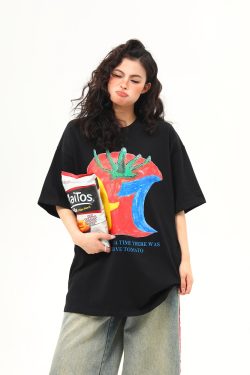 American Retro Graffiti Print Short-Sleeve T-Shirt for Women - Summer Loose Fit Casual Top, Y2K Streetwear Style