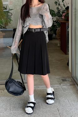 American Retro Gray Pleated Skirt - Women's Mid-Length A-Line College Style for Spring & Summer Plus Size Fashion