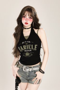 American Retro Halter Crop Top for Women with Drawstring Design, Sweet Faux Two-Piece Style, Perfect for Summer, Y2K Fashion