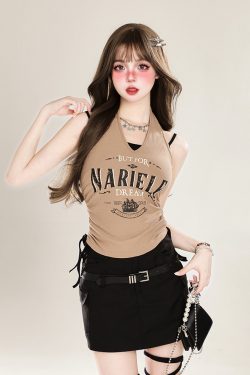 American Retro Halter Crop Top for Women with Drawstring Design, Sweet Faux Two-Piece Style, Perfect for Summer, Y2K Fashion