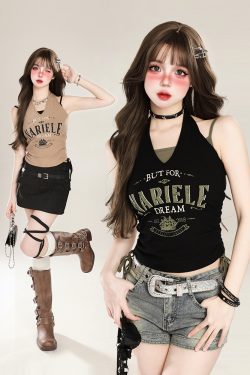 American Retro Halter Crop Top for Women with Drawstring Design, Sweet Faux Two-Piece Style, Perfect for Summer, Y2K Fashion