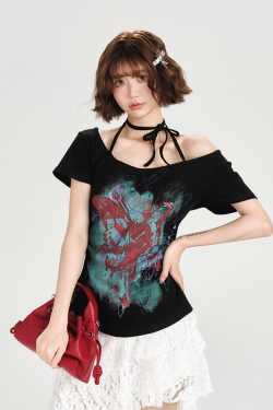 American Retro Halter One-Shoulder Short Sleeve T-Shirt for Women - Slim Fit Flattering Top, Summer Style for Trendy Girls