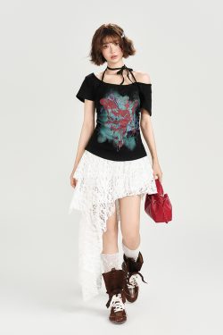 American Retro Halter One-Shoulder Short Sleeve T-Shirt for Women - Slim Fit Flattering Top, Summer Style for Trendy Girls