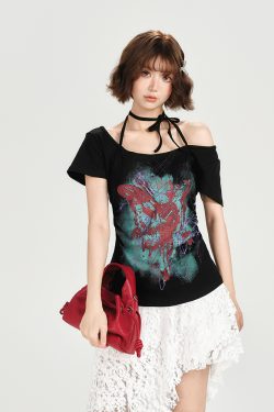 American Retro Halter One-Shoulder Short Sleeve T-Shirt for Women - Slim Fit Flattering Top, Summer Style for Trendy Girls