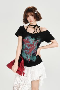 American Retro Halter One-Shoulder Short Sleeve T-Shirt for Women - Slim Fit Flattering Top, Summer Style for Trendy Girls