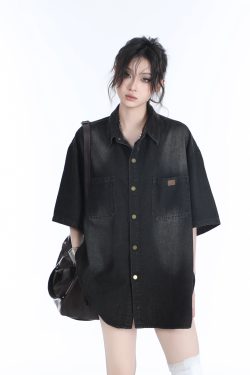 American Retro Heavy-Duty Washed Denim Short-Sleeve Shirt for Women, Unique Loose Fit, Casual Mountain-Inspired Style