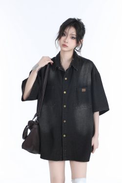 American Retro Heavy-Duty Washed Denim Short-Sleeve Shirt for Women, Unique Loose Fit, Casual Mountain-Inspired Style