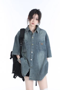 American Retro Heavy-Duty Washed Denim Short-Sleeve Shirt for Women, Unique Loose Fit, Casual Mountain-Inspired Style