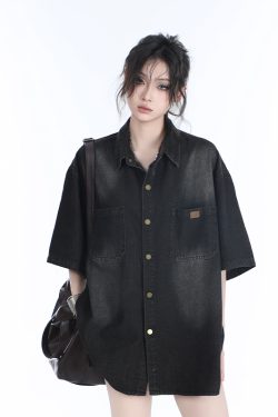 American Retro Heavy-Duty Washed Denim Short-Sleeve Shirt for Women, Unique Loose Fit, Casual Mountain-Inspired Style