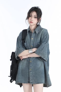 American Retro Heavy-Duty Washed Denim Short-Sleeve Shirt for Women, Unique Loose Fit, Casual Mountain-Inspired Style