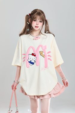 American Retro Hello Kitty Embroidered Short Sleeve T-Shirt for Women - Casual Summer Top with Vintage 90s Style