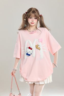 American Retro Hello Kitty Embroidered Short Sleeve T-Shirt for Women - Casual Summer Top with Vintage 90s Style