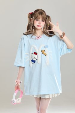 American Retro Hello Kitty Embroidered Short Sleeve T-Shirt for Women - Casual Summer Top with Vintage 90s Style