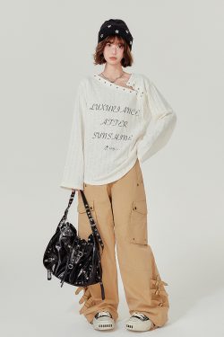 American Retro Hollowed-Out Long Sleeve T-Shirt for Women - Loose Fit, Niche Style, Autumn 2023 Fashion