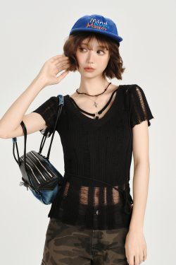 American Retro Hollowed-Out Ripped Short-Sleeve Cover-Up for Women - Slim-Fit Summer Top in Girly Style