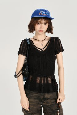 American Retro Hollowed-Out Ripped Short-Sleeve Cover-Up for Women - Slim-Fit Summer Top in Girly Style