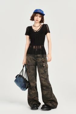 American Retro Hollowed-Out Ripped Short-Sleeve Cover-Up for Women - Slim-Fit Summer Top in Girly Style