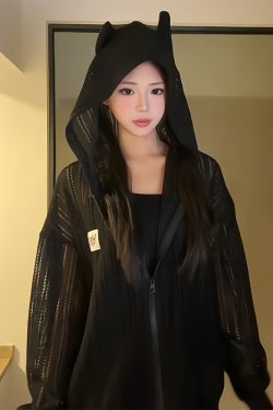 American Retro Hooded Sweatshirt for Women - 3D Ear Mesh Zip-Up Long Sleeve Sun Protection Jacket - Loose Fit Spring Summer Top